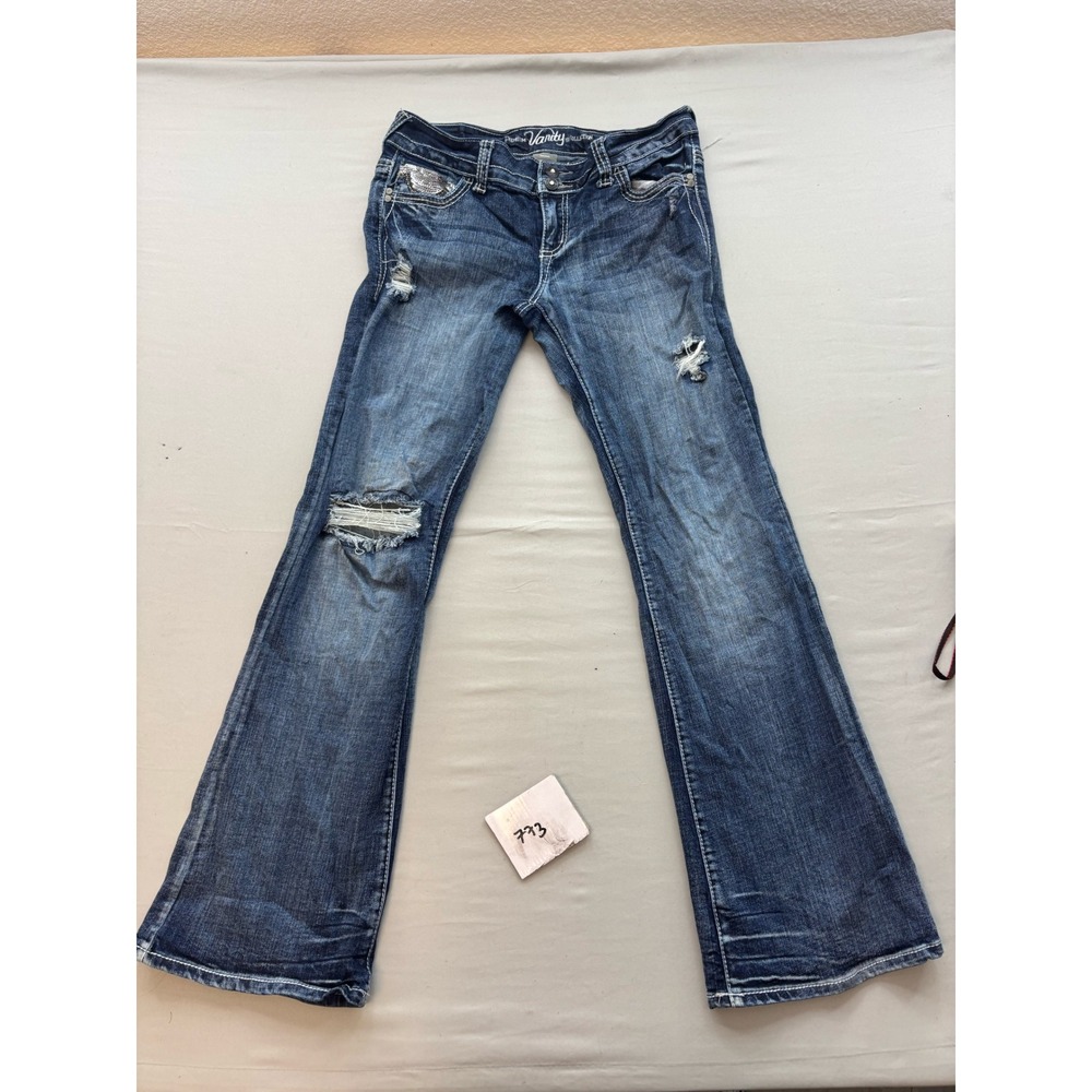 Vanity Premium Collection Distressed Bootcut Jeans Sequin Pockets 29W 33L Dark
